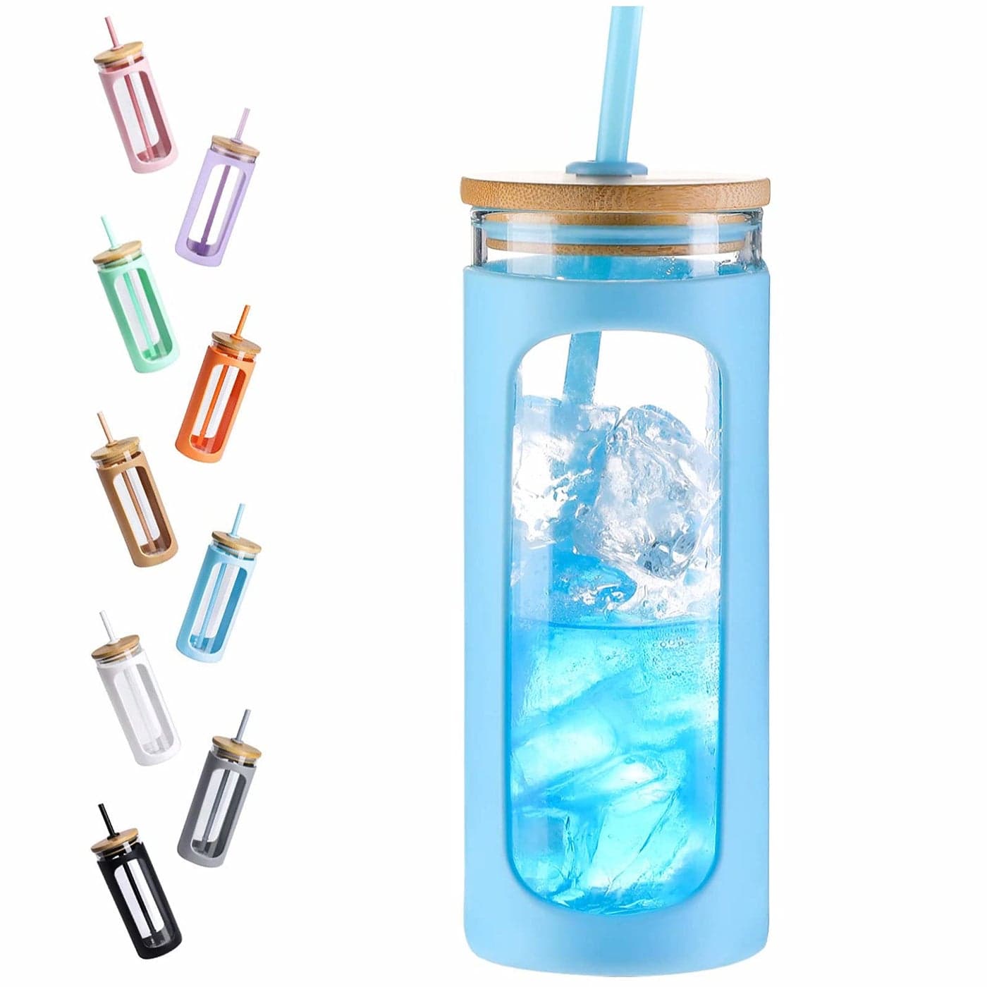 Kodrine 20oz Glass Water Tumbler with Straw and Lid Bamboo Lids Water Bottle Iced Coffee Cup Reusable Wide Mouth Smoothie Cups with Protective Silicone Sleeve BPA FREELight Blue