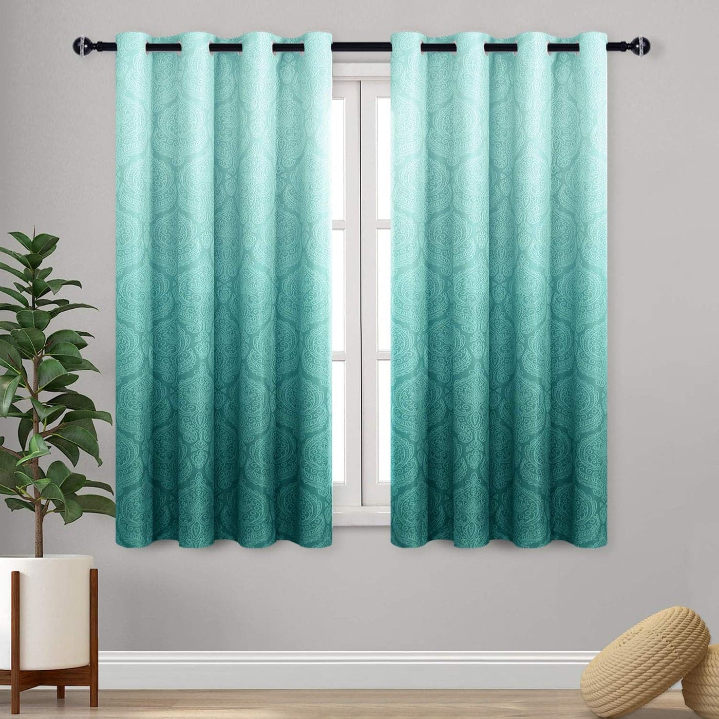 DWCN Ombre Blackout Curtains for Bedroom Damask Patterned Thermal Insulated Energy Saving Grommet Curtains for Living Room Set of 2 Gradient Window Curtain Panels 52 x 54 Inches Long Teal