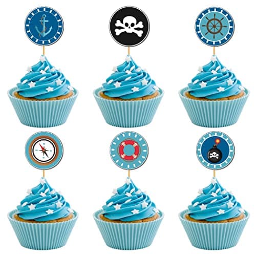 Festiko® Pirate Theme Birthday Decoration Cup Cake Toppers, Happy Birthday Decoration,Pirate Birthday Decorations for Kids Birthday Party Supplies 12 Pcs Cup Cake Toppers