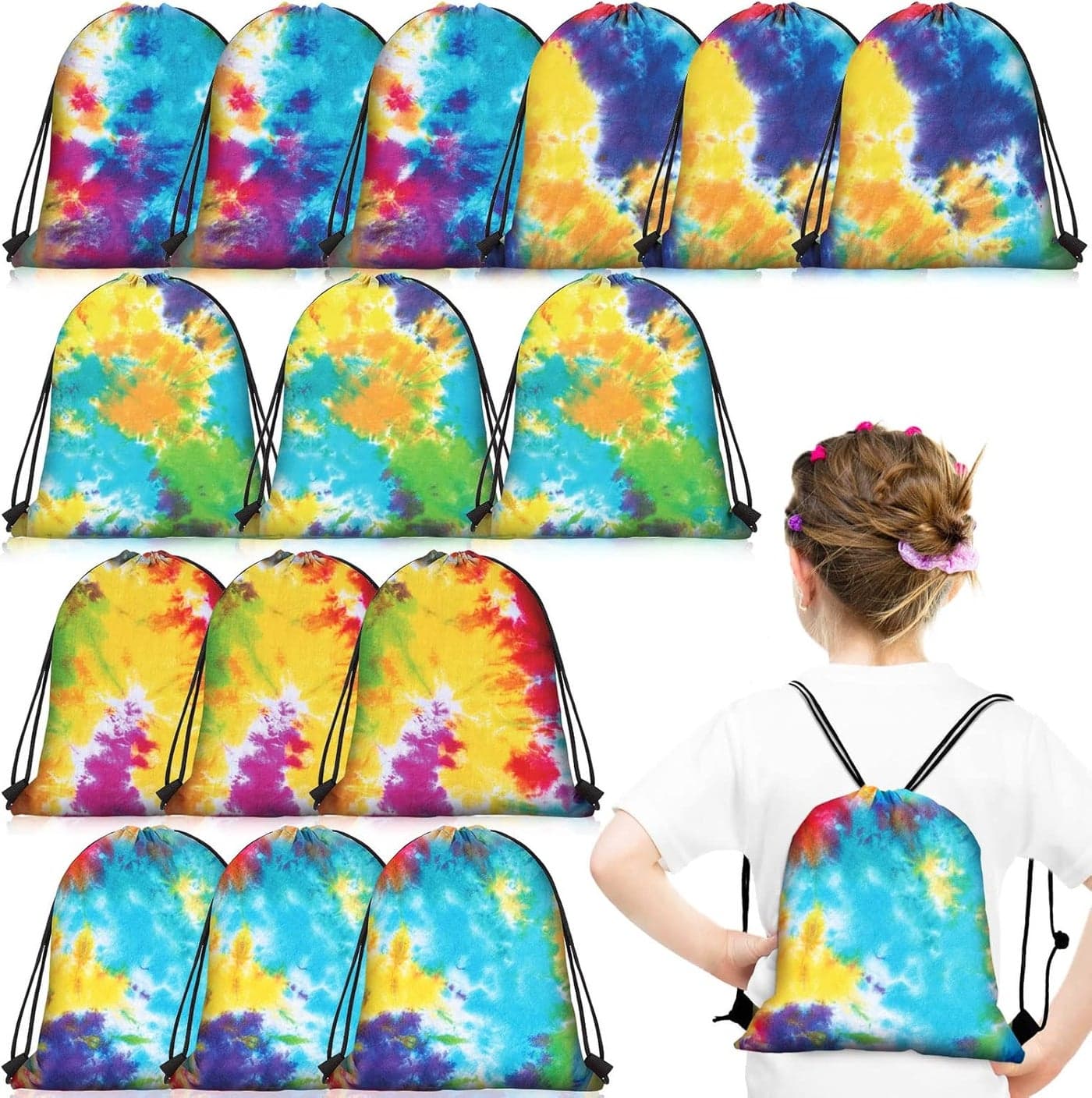 Shappy 24 Pcs Tie Dye Party Favor Bags 118 Inch Drawstring Backpack Goodie Gift Bags for Birthday Party Supplies