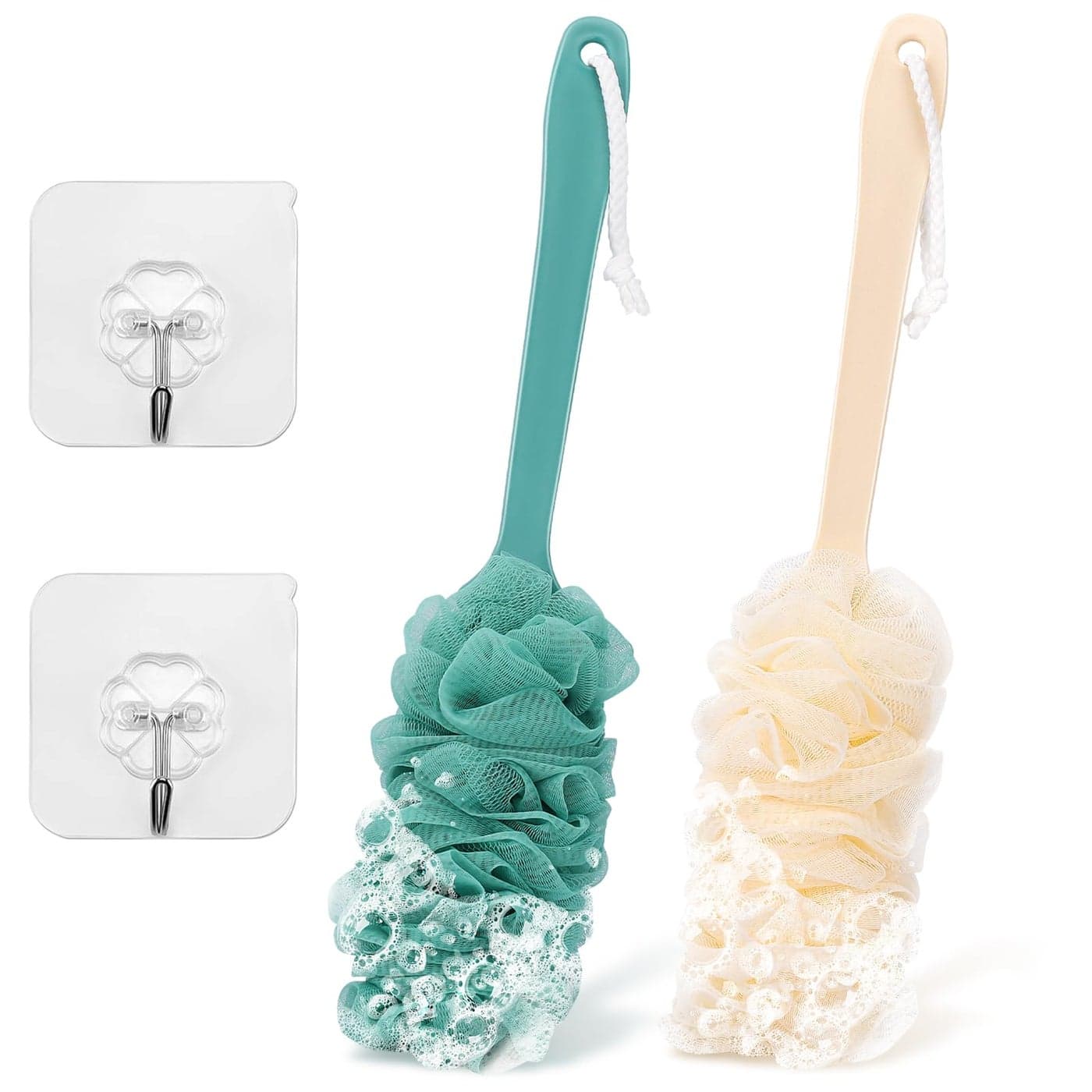 2Pack Back Scrubber for Shower Loofah with Long Handle Shower Brush for Body 17 Loofah on a Stick for Men Women Bathing Accessories Scrubber Sponge for Exfoliating Bath Brushes Beige Green