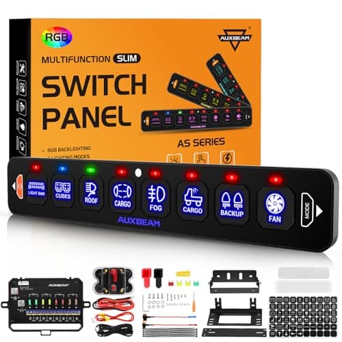 Auxbeam 8 Gang Slim Switch Panel RGB AS-R80 Automatic Dimmable Switch Panel with Toggle Momentary Pulsed LED Control Panel Off Backlight 12-24V for Truck Offroad Car Boat Waterproof, 3-Year Warranty
