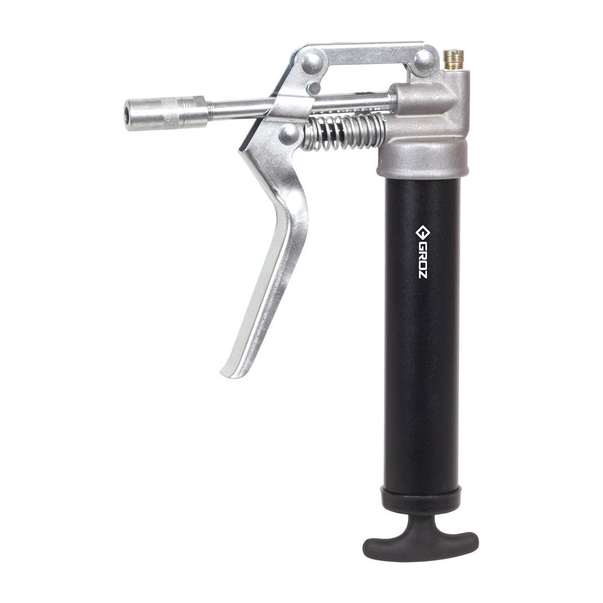 GROZ Mini Pistol Grease Gun with Pull Type Operating Mechanism Dual discharge Port for Versatile Use Discharge up to 040 gmstroke Comes with 4 steel extension Coupler G16B