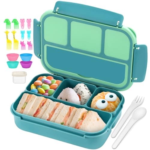 QQKO Bento Box for Kids Adults, School Toddler Lunch Box for Boys Girls, Lunch Box Containers with 4 Compartments, Sauce Container, Utensils, Food Picks and Muffin Cups for School, Green