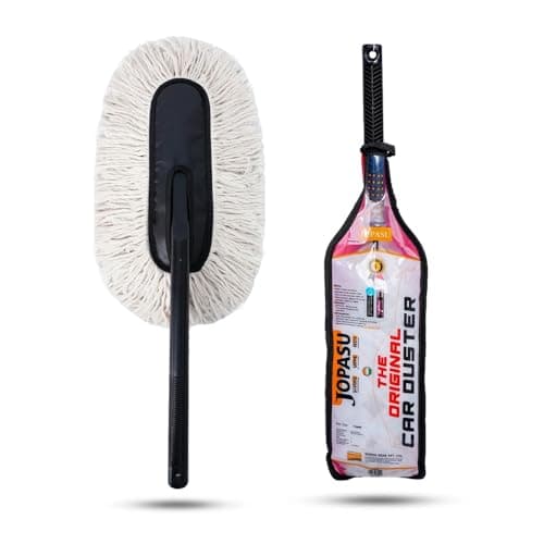 Jopasu Car Duster with Wax-Treated Cotton Strands & Long Plastic Handle | Scratch-Free Dry Dust Cleaner for Cars | Reusable Exterior Cleaning Brush