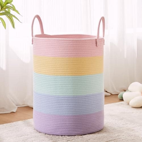 MOJOSCEND 15Dx20H inches Baby Girls Kids Hamper Rainbow Laundry Basket for Nursery Clothes Pastel Unicorn Woven Hamper in Playroom Bedroom 60L Large Tall Blanket Basket for Toy Storage