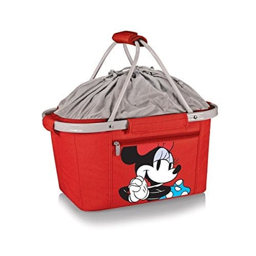 PICNIC TIME Disney Minnie Mouse Metro Shopping Basket, Insulated Collapsible Picnic Basket Cooler Tote with Aluminum Frame and Drawstring Top for Market Beach and Picnic Trips, (Red)