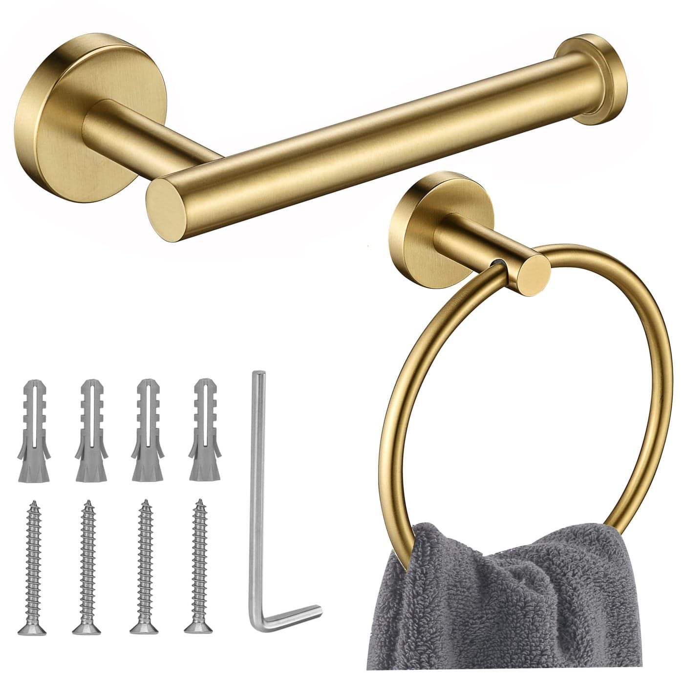 Gold Toilet Paper Holder Towel Ring Set 2 Pieces Hand Towel Holder for Bathroom Hardware Accessories Set SUS304 Stainless Steel Sturdy Wall Mount Bathroom Holder