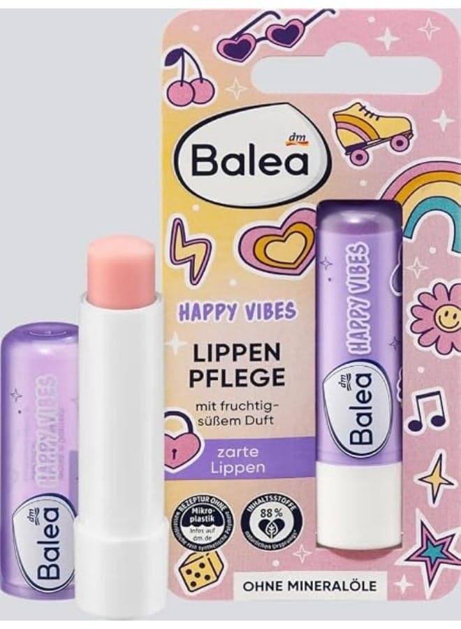 Balea Kids Lip Balm Happy Vibes Alcohol & Paraben-Free, No Preservatives, Nourishing with Shea Butter & Vitamin E, Fruity-Sweet Scent, Made in Germany, Dermatologically Tested, 4.8g