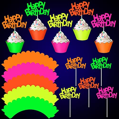 Marspark 40 Pcs Glow in the Dark Neon Cupcake Toppers Glow Party Supplies Neon Cupcake Wrappers for Birthday Party Wedding Decorations Blacklight Reactive