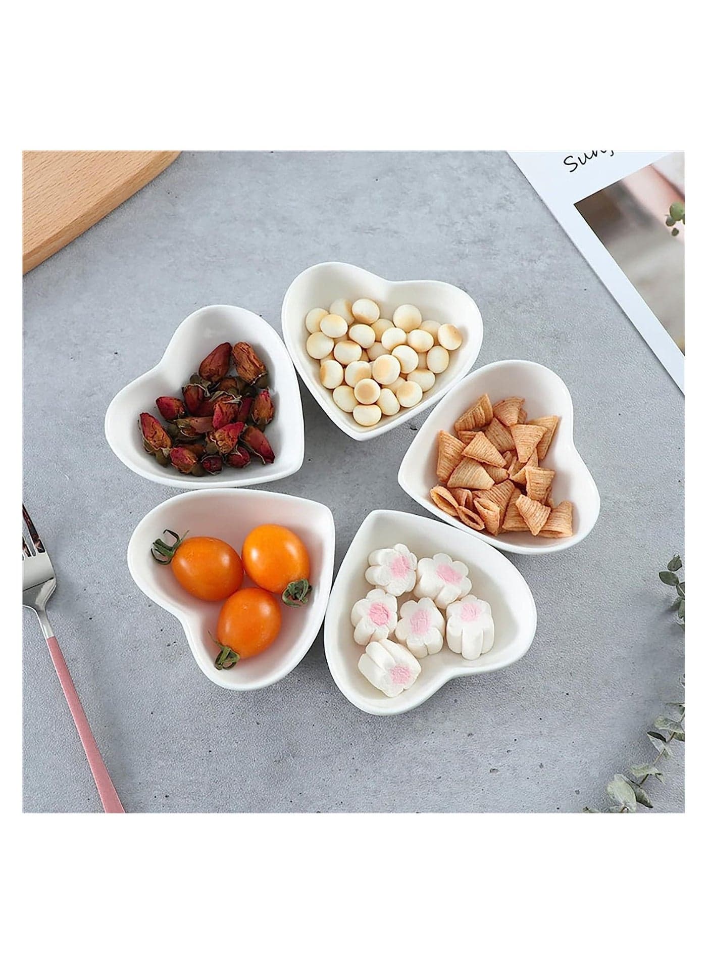 Love Heart Shaped Ceramic Dipping Bowls, Porcelain Side Seasoning Dish Bowl Set, for Jam, Appetizers, Dessert and Other Party, 5Pcs