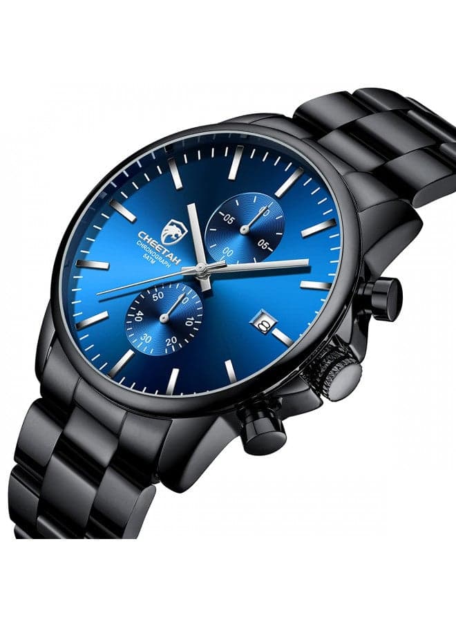 GOLDEN HOUR Men's Watches with Stainless Steel and Metal Casual Waterproof Chronograph Quartz Watch, Auto Date in Blue Face with Silver Hands