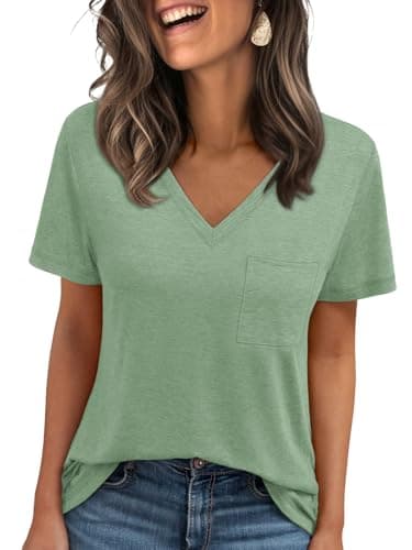 AUTOMET T Shirts for Women Short Sleeve Shirts V Neck Plus Size Summer Tops Casual Beach Vacation Outfits Clothes 2025 LightGreen M