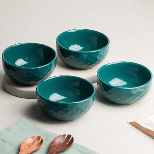 The Earth Store Teal Diamond Ceramic Bowl Set of 4, 500ML Each - Multipurpose Snack Bowl, Dishwasher & Microwave Safe Bowl | Perfect of Christmas Gift | New Year Gift | Birthday Gift & Daily Use