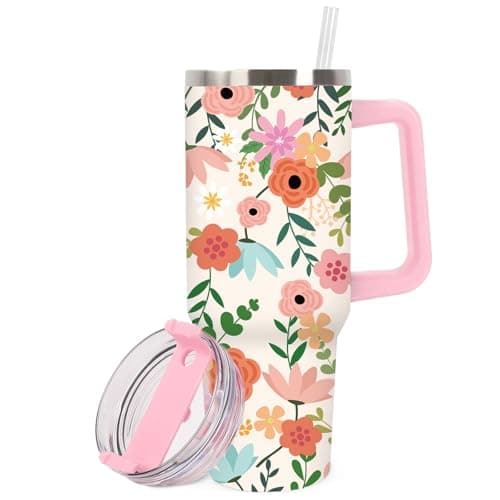 JarThenaAMCS Boho Floral Tumbler with Handle 40oz Spring Colorful Flower Tumbler with Lid Straw Wildflower Stainless Steel Cup for Mother's Day Christmas Home Office Travel
