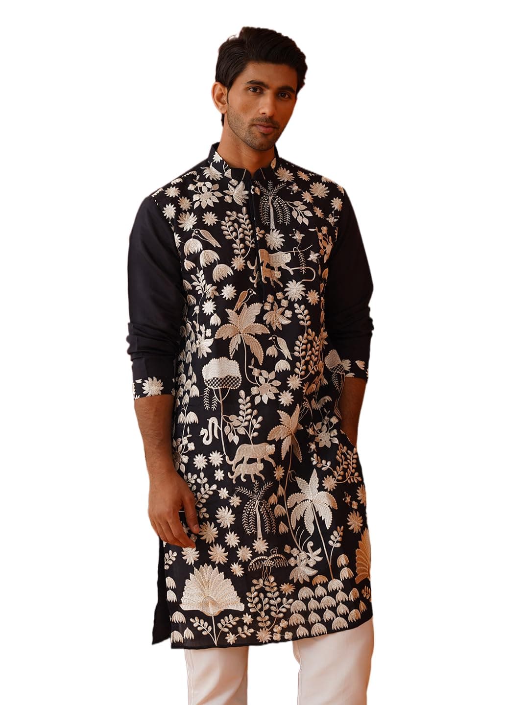 Jompers Black Embroidered Straight Kurta Pyjama Set. (Black, XXL)