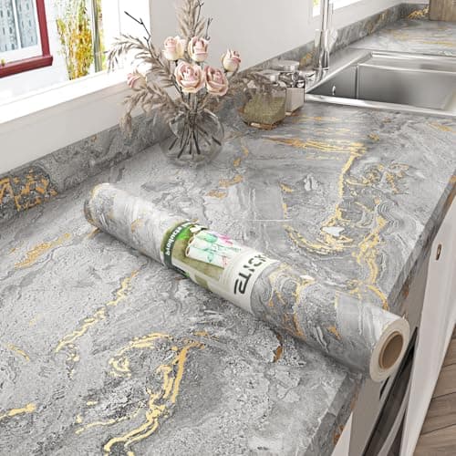 STICKEEP Matte GoldGrey Marble Contact Paper for Countertops Waterproof Marble Peel and Stick Wallpaper Self Adhesive Removable Kitchen Countertop Vinyl Wrap for Tables Bathroom Cabinets 177x120