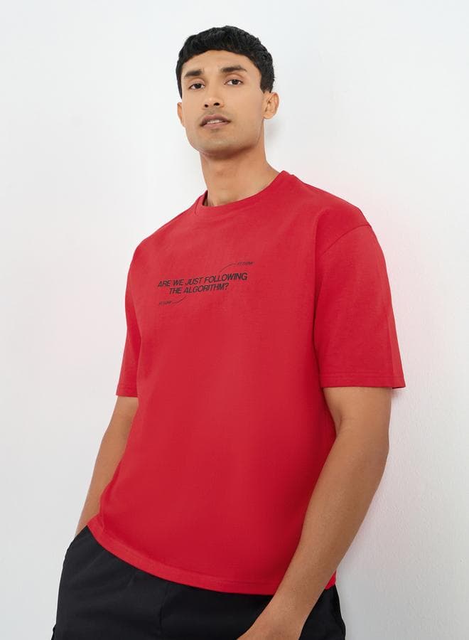 Men Red Slogan Printed Oversized Terry T-Shirt