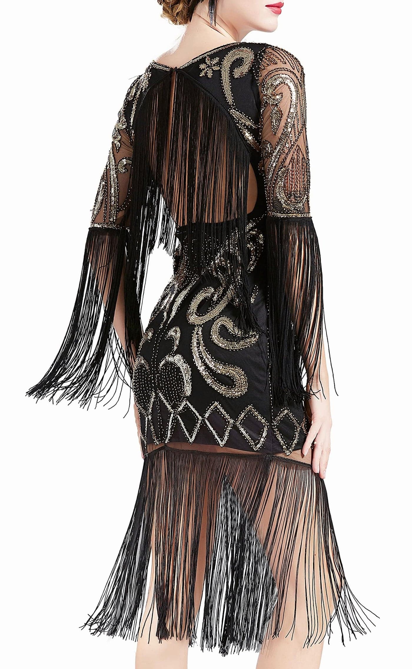 BABEYOND 1920s Flapper Dress Long Fringe Gatsby Dress Roaring 20s Sequin Beaded Dress Vintage Art Deco Dress Black