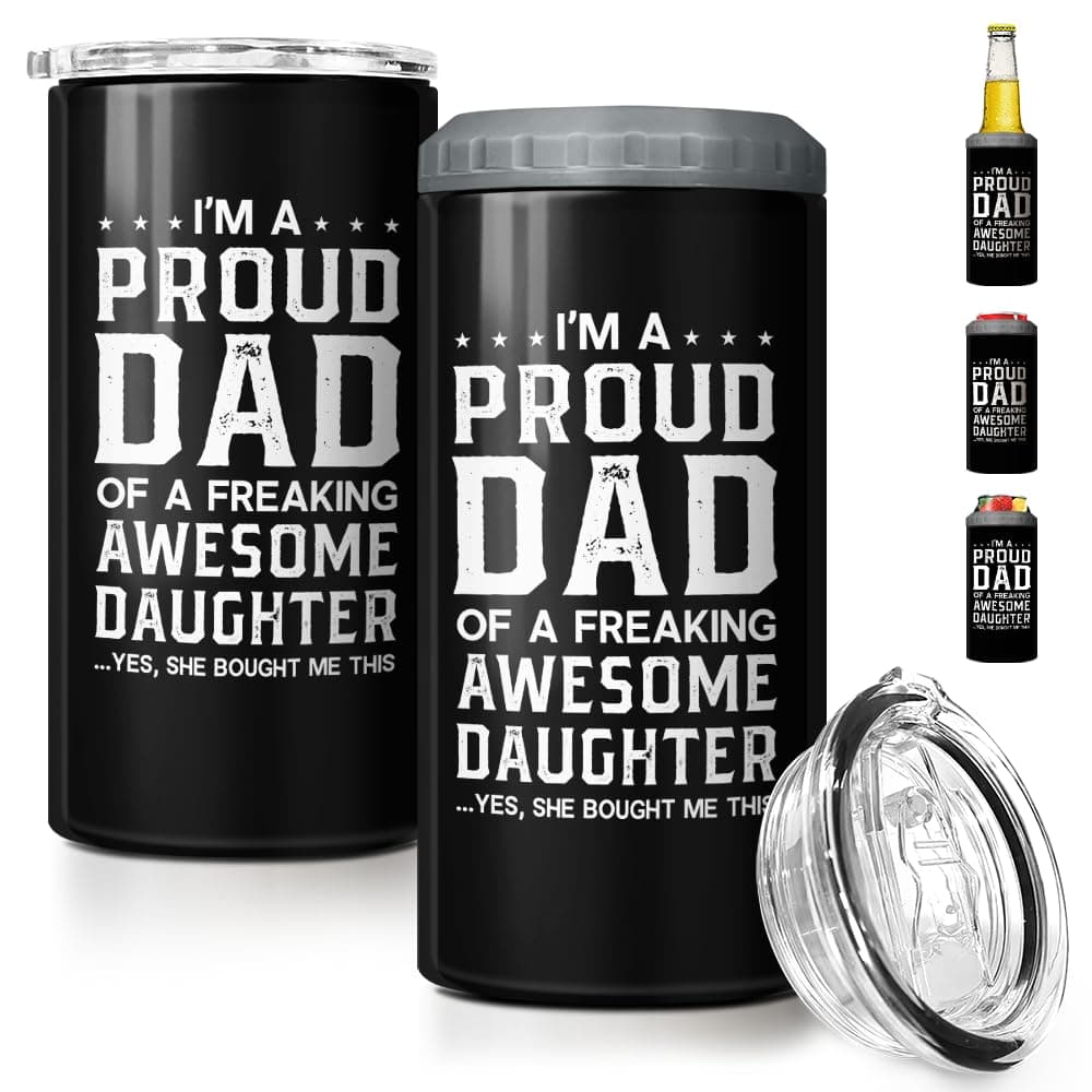 SANDJEST 4in1 Dad Tumbler Gifts for Dad from Daughter 12oz Funny Proud Dad Can Cooler Tumblers Cup Stainless Steel Insulated Cans Coozie Travel Mug Christmas Birthday Fathers Day Gift