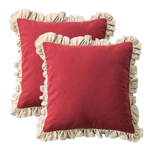 patdrea Shabby Chic Red Decorative Throw Pillow Covers 18x18 Set of 2,Farmhouse Red Linen Pillow Covers with Ruffles,Square Sturdy Throw Pillow Case for Couch Sofa Bed Living Room