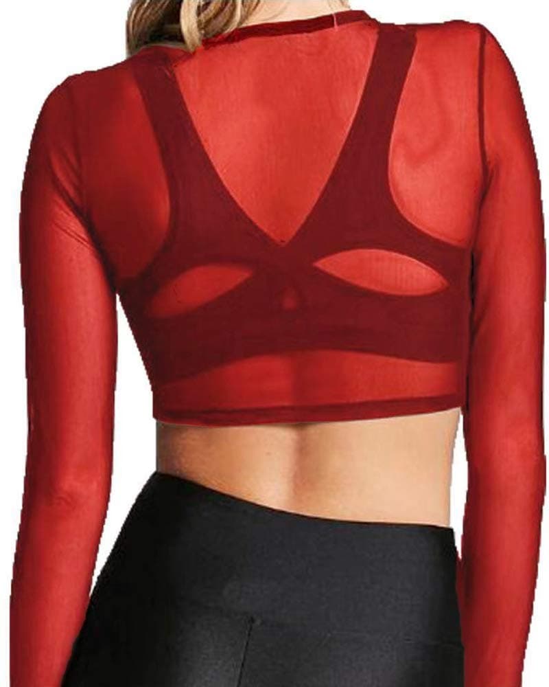 BelleLovin Women's Sheer Mesh Long Sleeve Crop Top Sexy Tee Blouse (Red, Small)