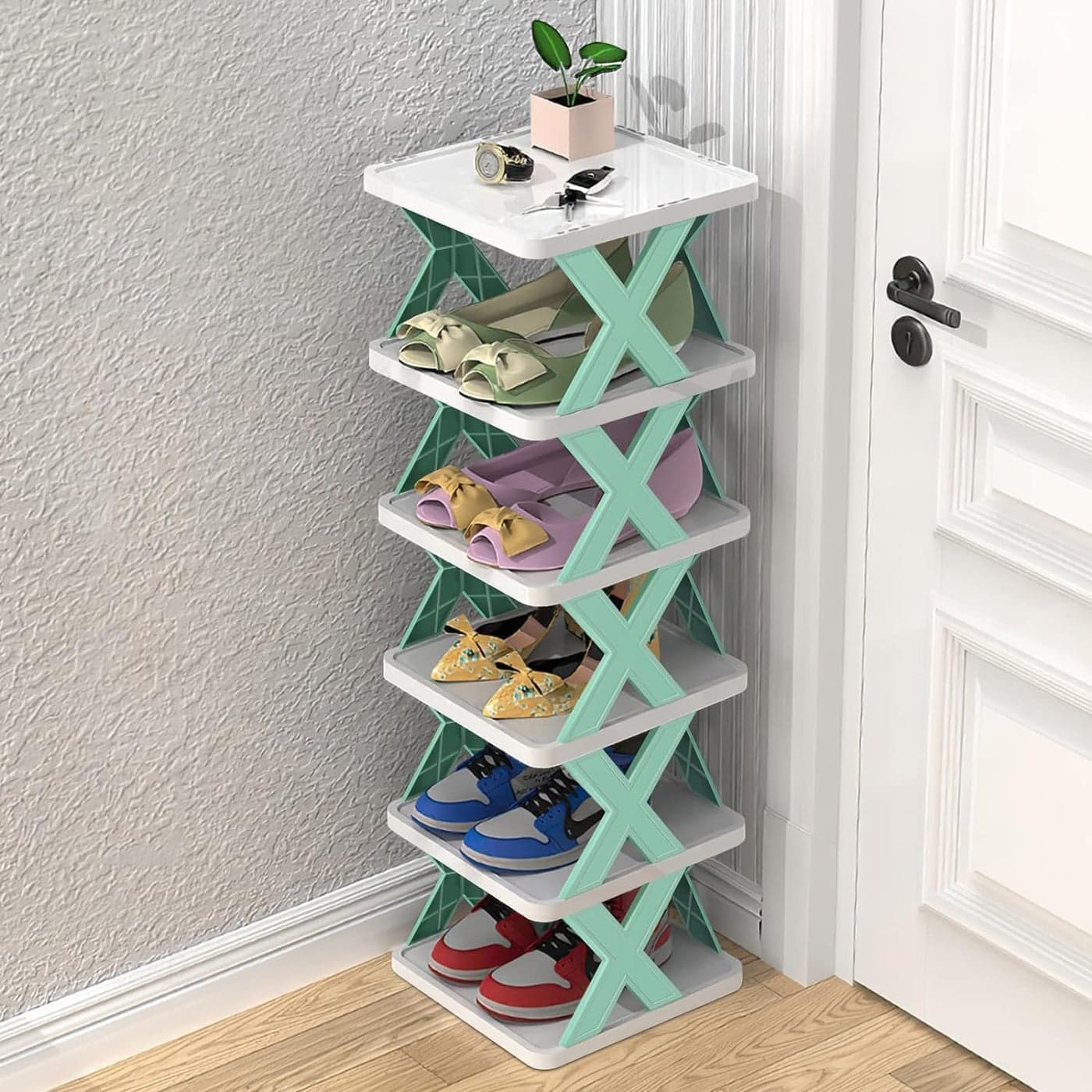 F4FIVE 6Layer Plastic Shoe Storage Rack Adjustable Stackable Shelf Corner Tower for Bedroom Entryway Shelf Footwear Collapsible Corner Tower Shoes and Book Slots Rack
