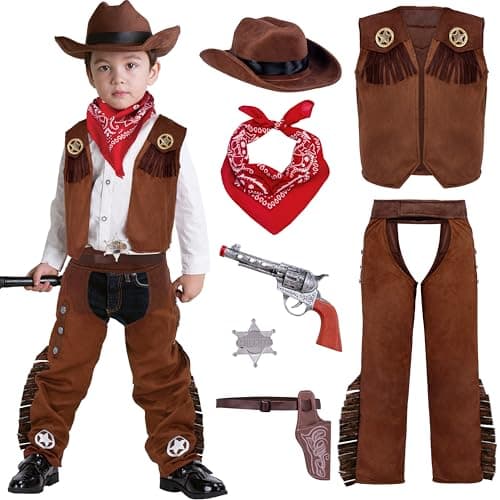 Spooktacular Creations Halloween Cowboy Hat Costume for Boys Kids Brown Western Costume Deluxe Boys Cowboy Outfit Set for Toddler Halloween RolePlay Themed Party Large 1012 yrs