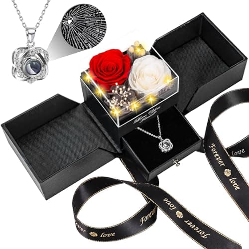 2 Preserved Real Rose with Heart I Love You Necklace Eternal Rose Birthday Gifts for Women Wife Girlfriend Her Mom Grandma on Festivals Gifts Christmas Valentines Mothers Day AnniversaryRed White