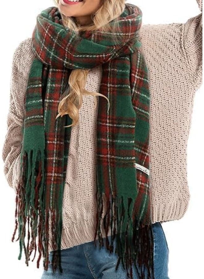 Warm Scarf,Red and Green Christmas Plaid Scarf for Women,Plaid Winter Scarf Cashmere,Feel Long Scarf Tassel Tartan Gifts
