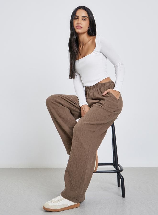 Styli Women Brown Double Gauze Wide Leg Pants
