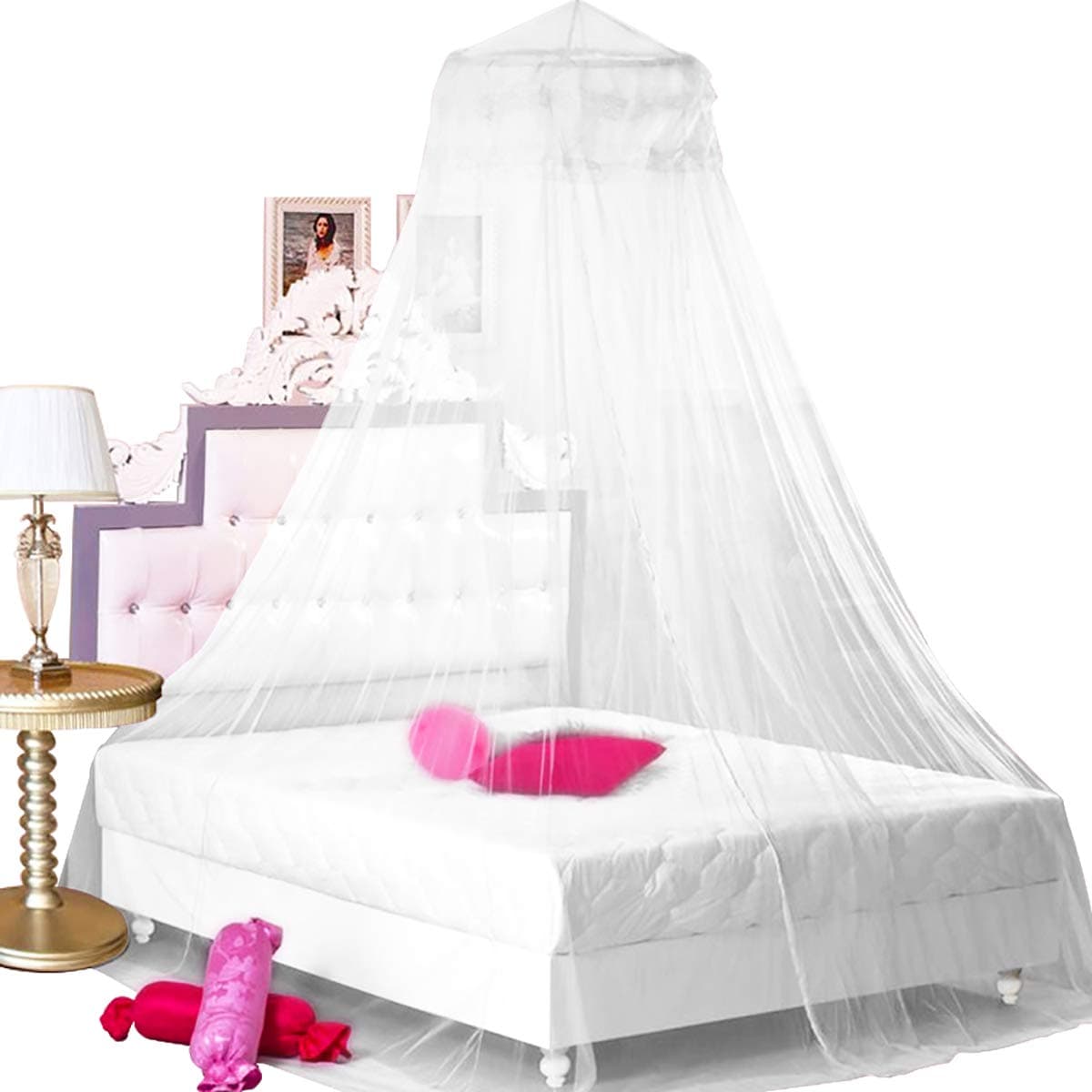 BCBYou Princess Bed Canopy Netting Mosquito Net Round Lace Dome for Twin Full and Queen Size Beds Crib with Jumbo Swag Hook White
