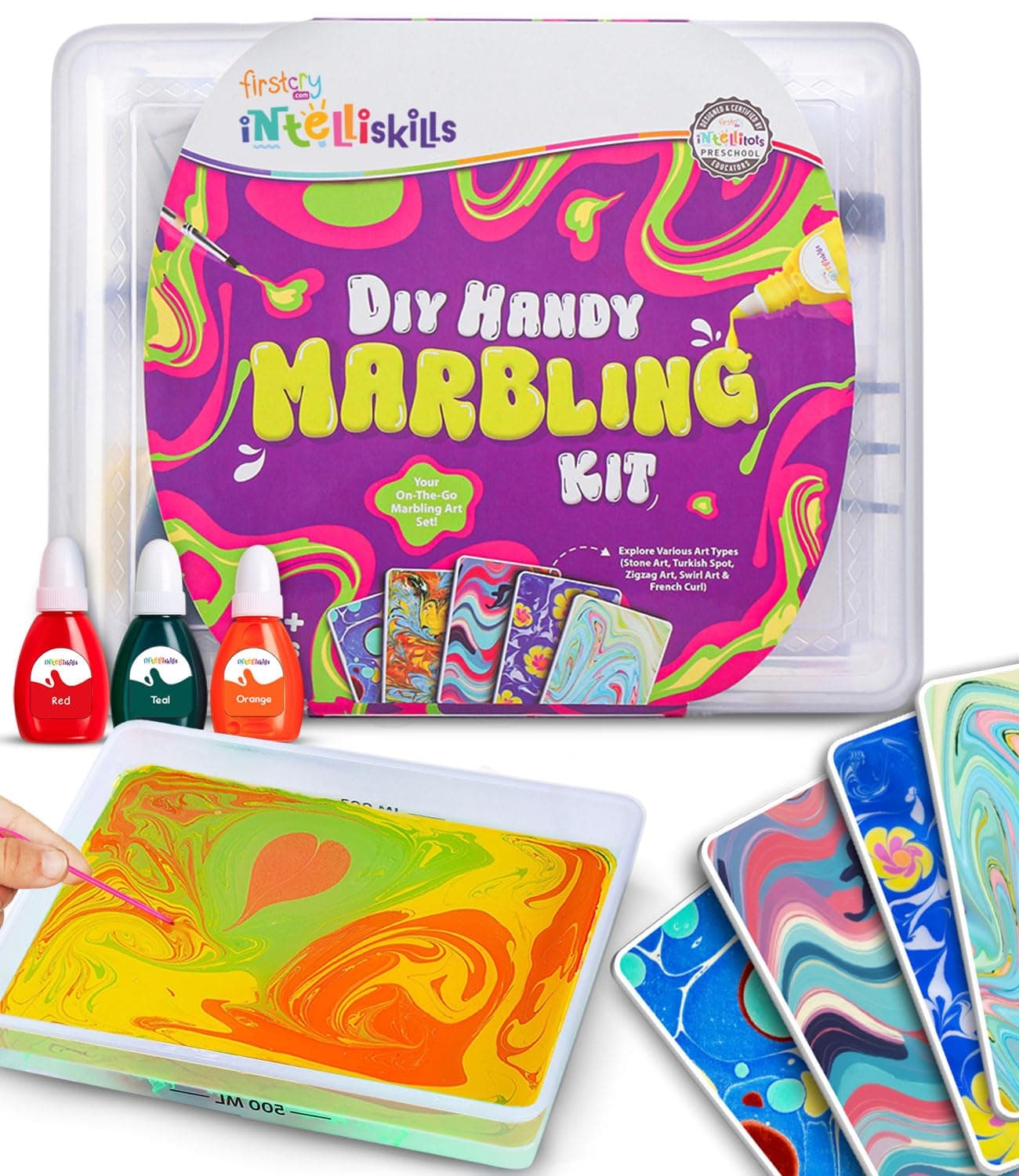 Intelliskills Premium Handy Marbling Kit for Kids, DIY Creative Activity Kit, Water Marbling Kit for Kids, Art & Craft Kits, Mess-Free, Gift for Girls & Boys Ages 6, 7, 8, 9, 10, 11, 12, BIS Certified