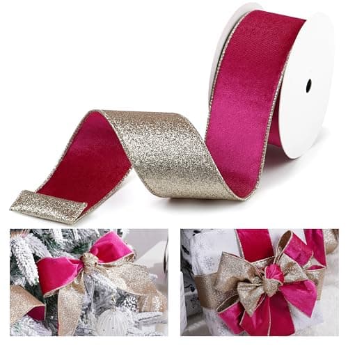 LIZLOVESS Hot Pink Velvet Wired Ribbon with Glitter Back 25 Inch Pink and Gold Christmas Ribbon Wired Fuschia Ribbon for Valentines Day Gift Wrapping Wreaths Supplies 10 Yards
