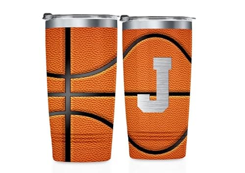 Onebttl Personalized Basketball Gifts for Teen Boys, Men, Coaches, 20oz Stainless Steel Tumbler with Laser Etched Initials for Basketball Players, Lovers, Orange - J