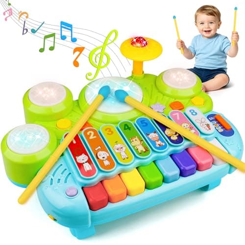 Baby Piano Drum Set for Toddlers 13 Musical Toys 3 In 1 Baby DJ Table Piano Keyboard Xylophone Instruments for 1 2 Year Old Boys Girls Music Light Activity Table 61218 Months Old Birthday Gifts