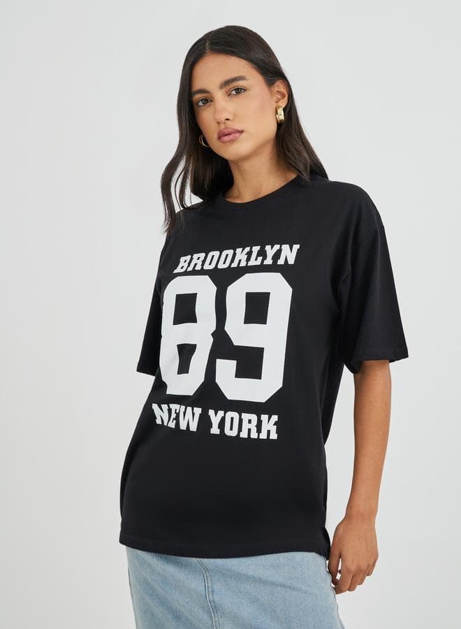 Brooklyn 89 Slogan Print Short Sleeve Oversized T-Shirt — M