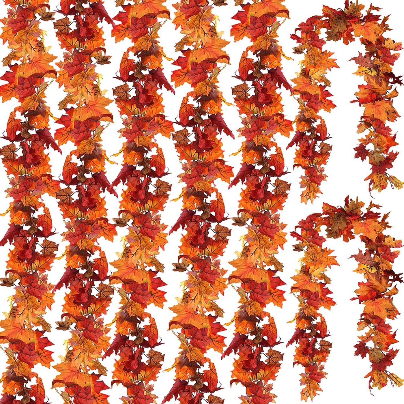 CQURE 7 Pack Fall Leaf Garland Hanging Fall Vines Autumn Garland Artificial Maple Fall Leaves Thanksgiving Decor for Home Wedding Fireplace Party