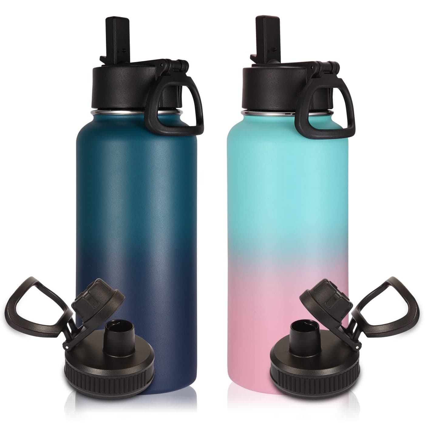 Volhoply 32 oz Water Bottles Bulk 2 Pack with Straw Lid Spout LidInsulated Sports Water BottleDouble Wall Vacuum Stainless Steel CupsLeakproof Wide Mouth Metal Flask for TravelAssorted2