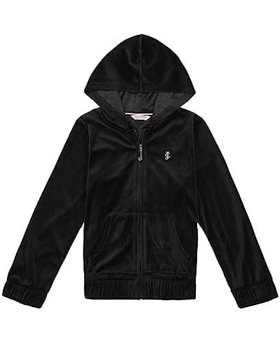 Juicy Couture Girls' Plush Velour Pant and Hoodie Sweatshirt Seperates, Deep Black/Studs, 7