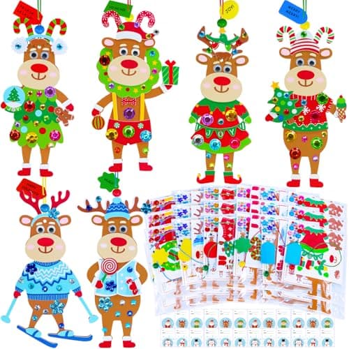 Winlyn 24 Sets Christmas Decorations DIY Reindeer Tree Ornaments Winter Crafts Kits Foam Reindeer with Festive Foam Stickers for Kids Holiday Seasonal Gift Home Classroom Activities Party Favors