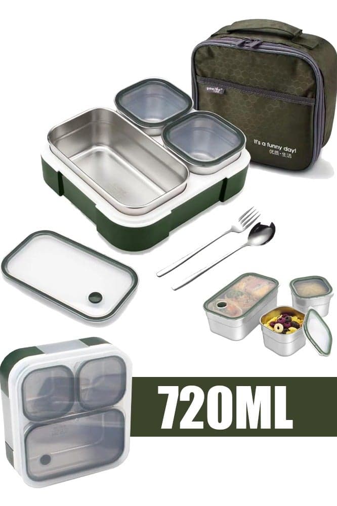 Lunch Box for School 720ml Stainless Steel Leak-Proof Lunch Box 3 Grids Food Container Lunch Box Bring Lunch Bag Cutlery Spoon Fork Bento Box for Kids and Adults-Food Safe Materials (Green 720ml)