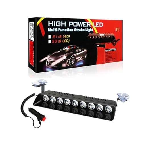 AutoBizarre 12V Car Dash Emergency Warning Strobe Red Blue Flasher Windshield Sucker LED light With Multiple Flashing Modes For All Cars, Emergency Vehicles, etc. (9 LED Red Blue White)