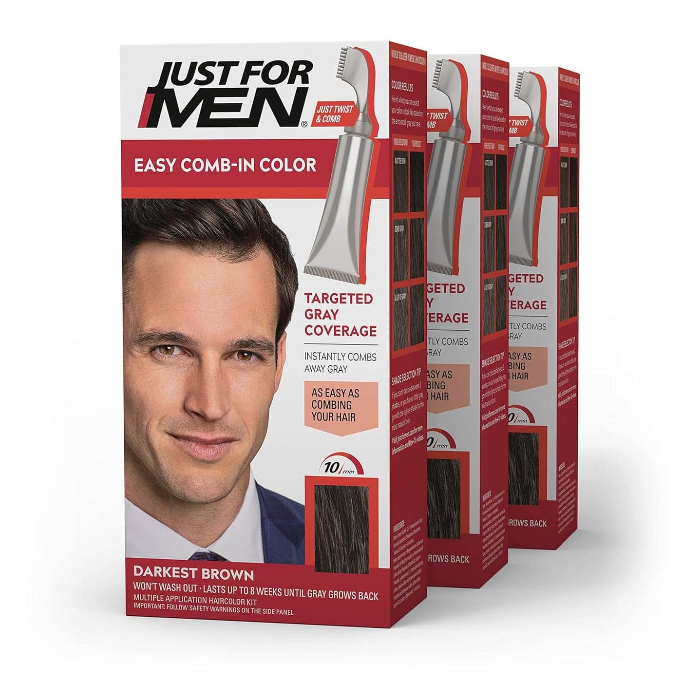 Just For Men Easy CombIn Color Mens Hair Dye Easy No Mix Application with Comb Applicator Darkest Brown A50 Pack of 3