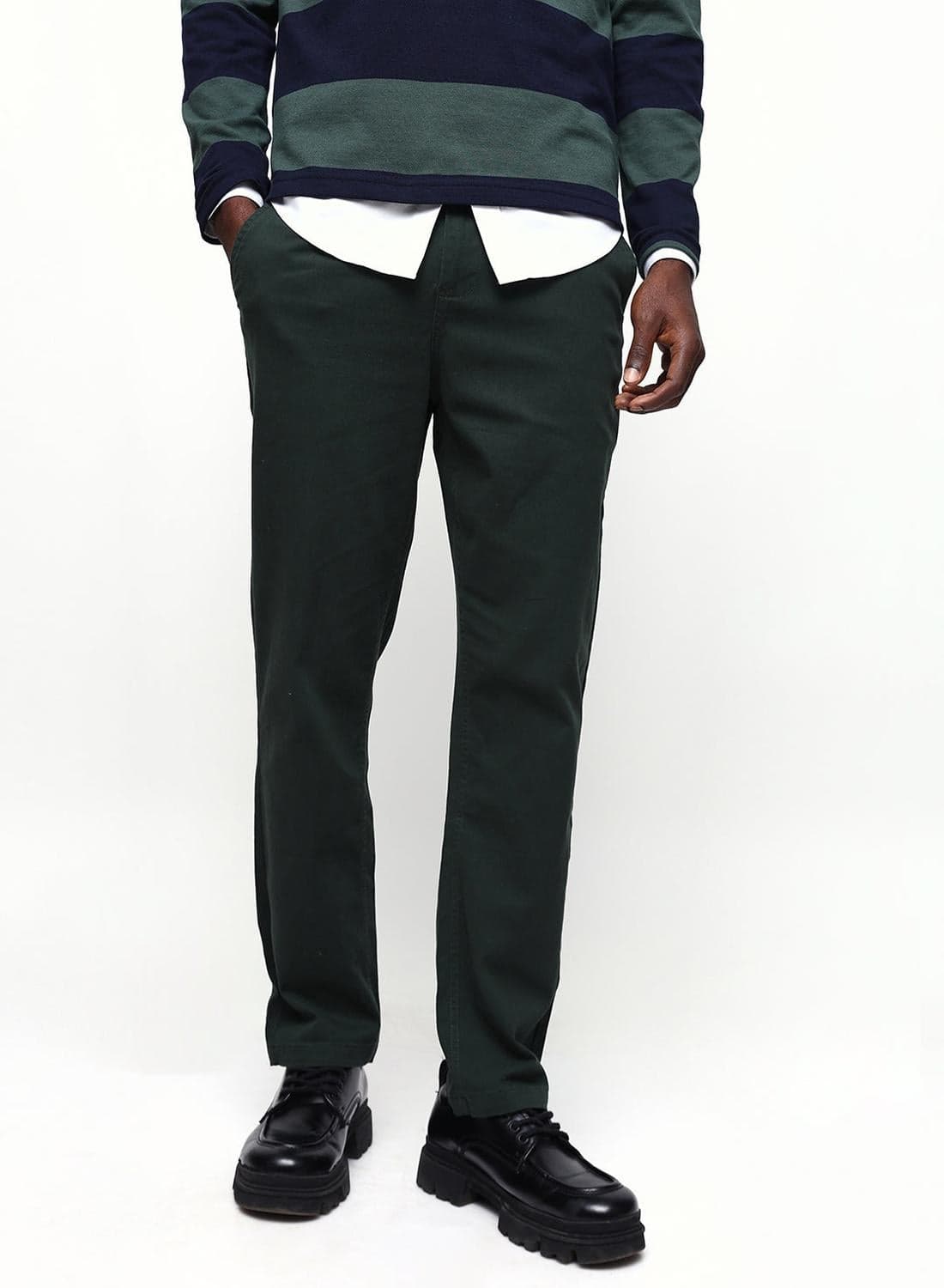 Men's Olive Green Cotton Blend Full Chinos Straight Fit Trouser