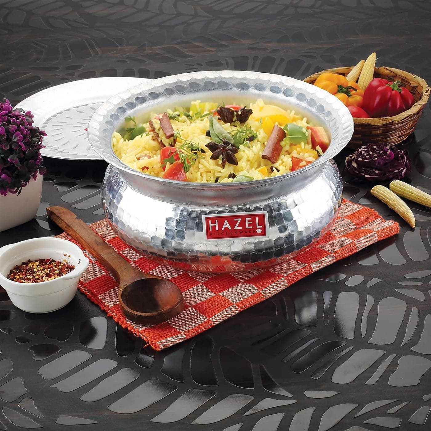 HAZEL Aluminium Hammered Finish Handi with Lid Biryani Rice Cooking Pot GOL Patiya Tope Patila Vessel, 28 cm, 5700 ML Silver