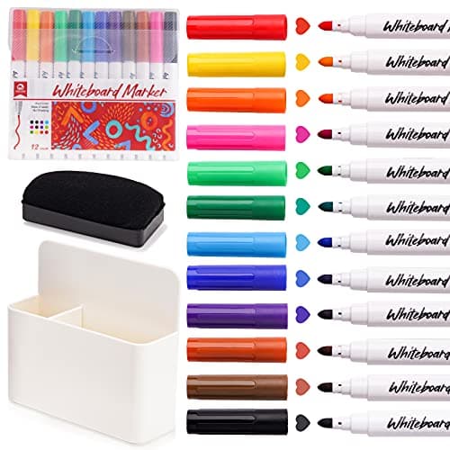 NiArt Whiteboard Magnetic Dry Erase Marker Holder Set, 12 Colors Fine Markers, Magnetic Whiteboard, Dry Eraser for School Office Home