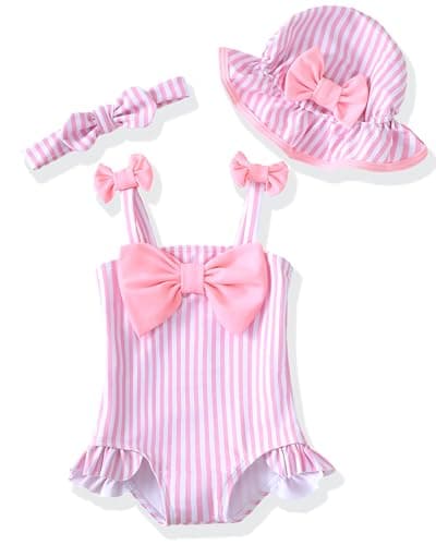 Renotemy Newborn Baby Swimsuit Girl One-Piece Sleeveless Bikini Tankini Baby Girls' Swimwear 0-3 Month Swimsuit for Girls Rash Guard Pink Strip Bathing Suit Baby Girl with Sunhat Baby Beach Essentials
