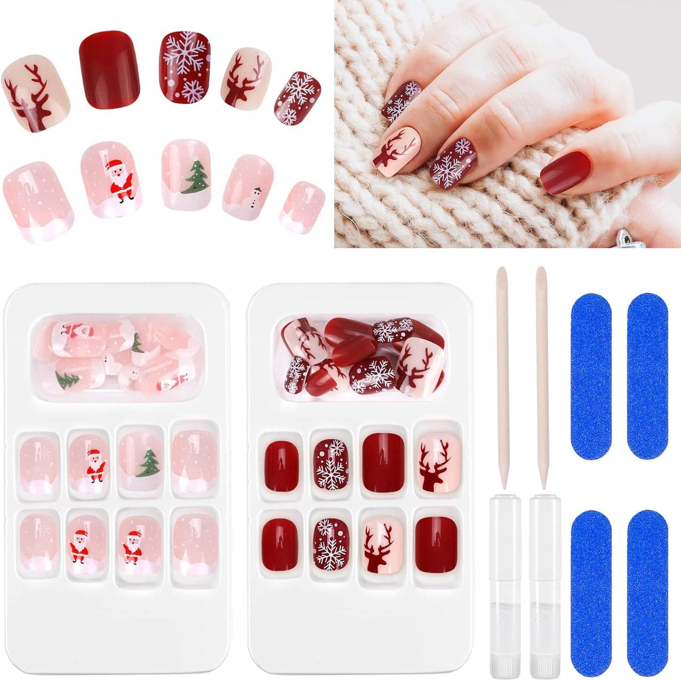 48 Pieces Christmas False Nails Short Artificial Press on Nails Full Cover Fake Nail Acrylic Christmas Nail Tips in 12 Different Sizes Stick on Nails for Women Nail Art Decoration