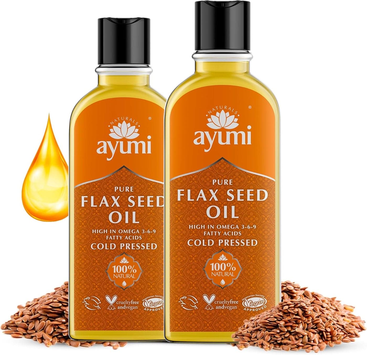 Ayumi Pure Flaxseed Oil Rich in Omega3 Cold Pressed Flaxseeds Body Oil for Dry Skin Hair Oil for Dry Damaged Hair Face Oil to Combat Wrinkles Linseed Oil to Control Blood Sugar 2x 150ml